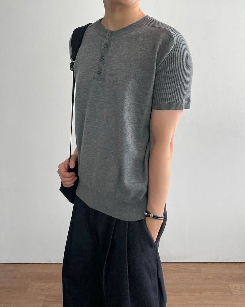 Needle Henley Neck Short Sleeve Knit