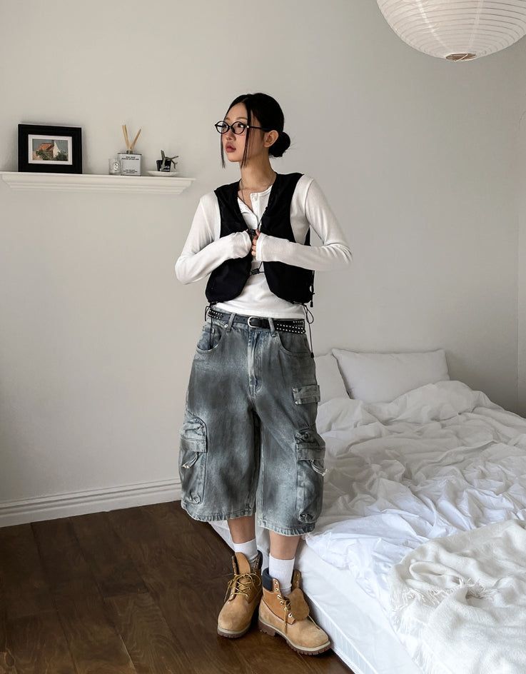 Burn dirty washing utility pocket bermuda pants