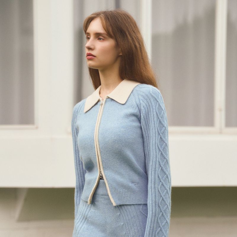 MERINO WOOL ZIP-UP CARDIGAN - SKY BLUE