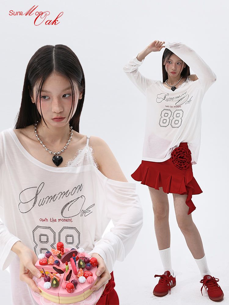 Summon Oak Lenzing Tencel Rhinestone-Embellished Off-Shoulder Lace Long-Sleeve T-Shirt for Women, Loose and Lightweight Sun Protection Cover-Up for Spring and Summer