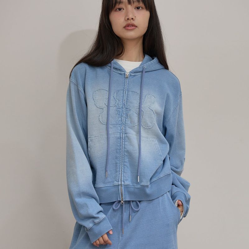 YK Applique Denim Hood Zip Up
