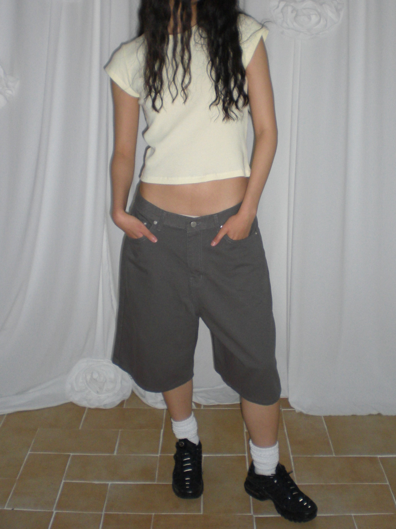 Wide cotton half pants [Gray]