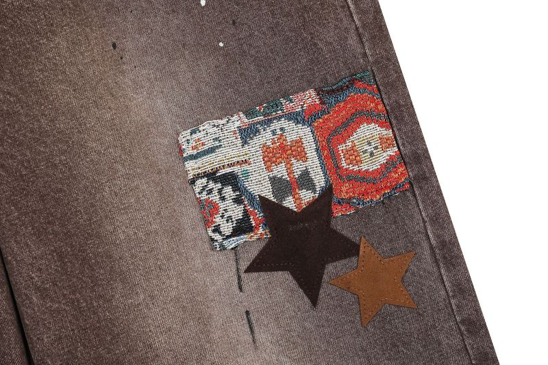 Brown Star Patch Washed Denim Pants
