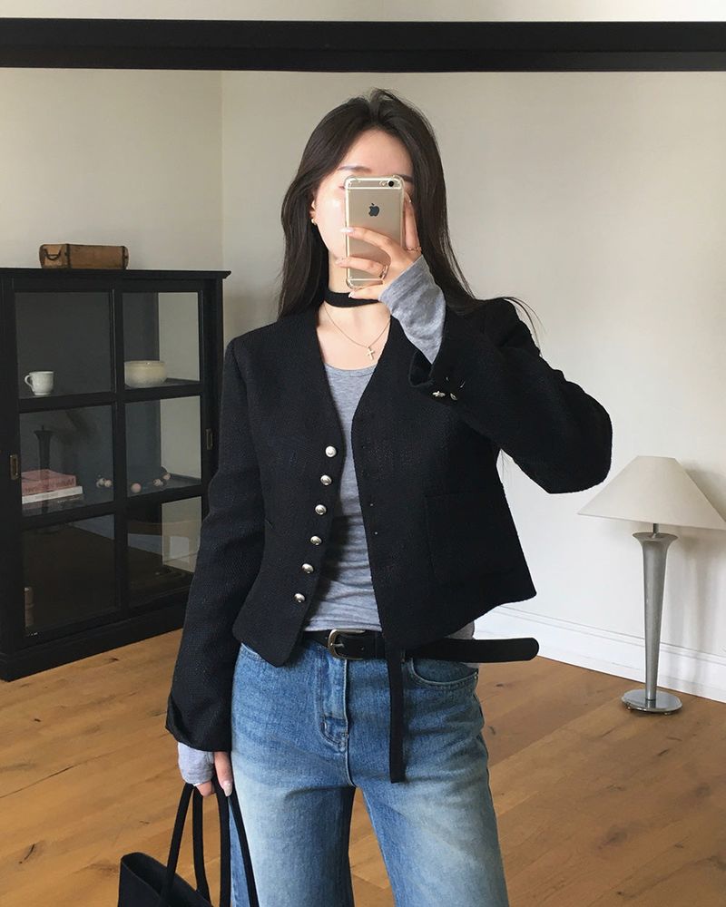 No-Collar Tweed Jacket with Tie Set
