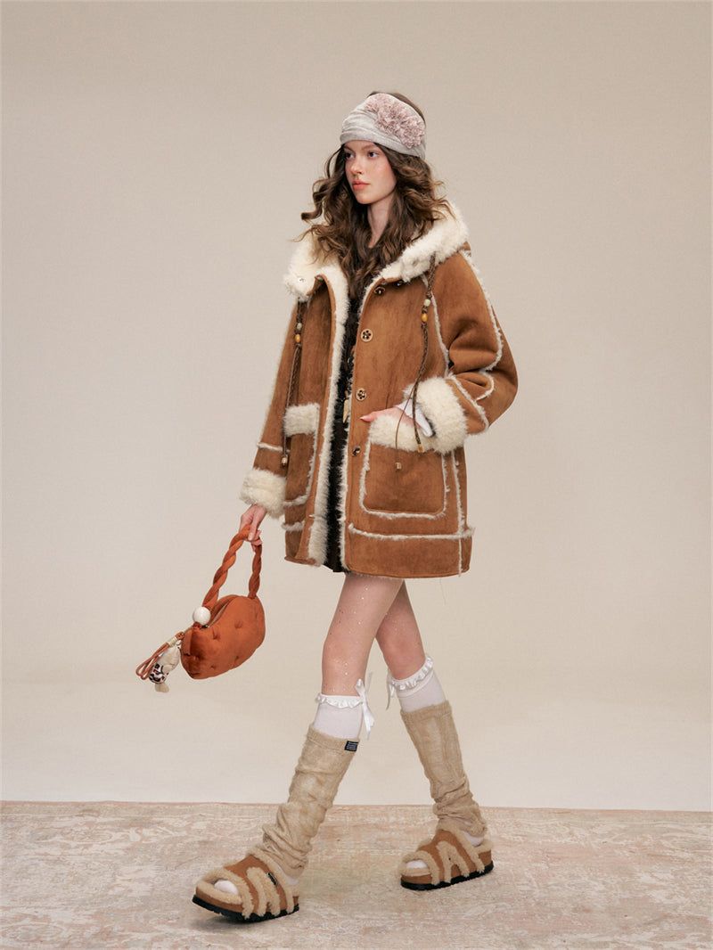 Flower Button Duffle Shearling Coat