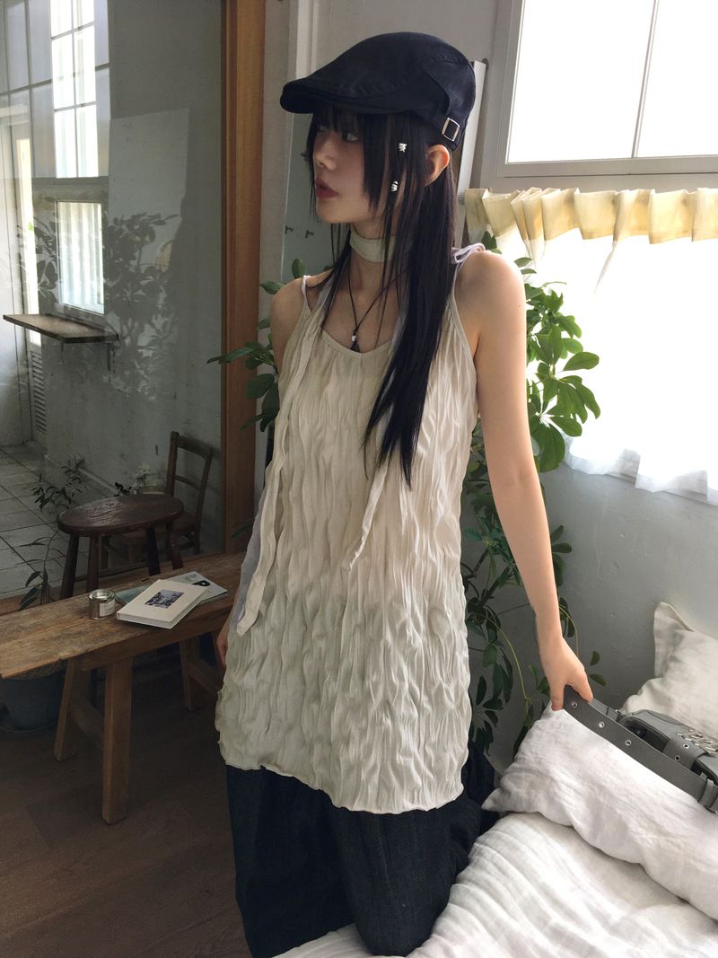 [Muffler set] Lucing Wrinkle Ribbon Strap Sleeveless Dress