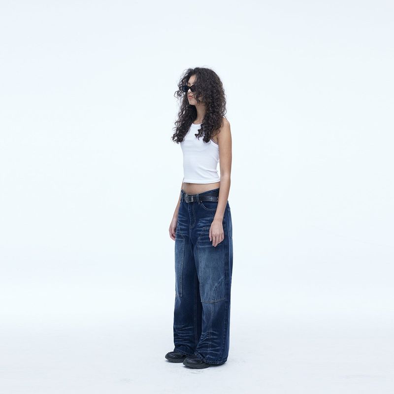 Double Knee Carpenter Wide Denim Pants Blue