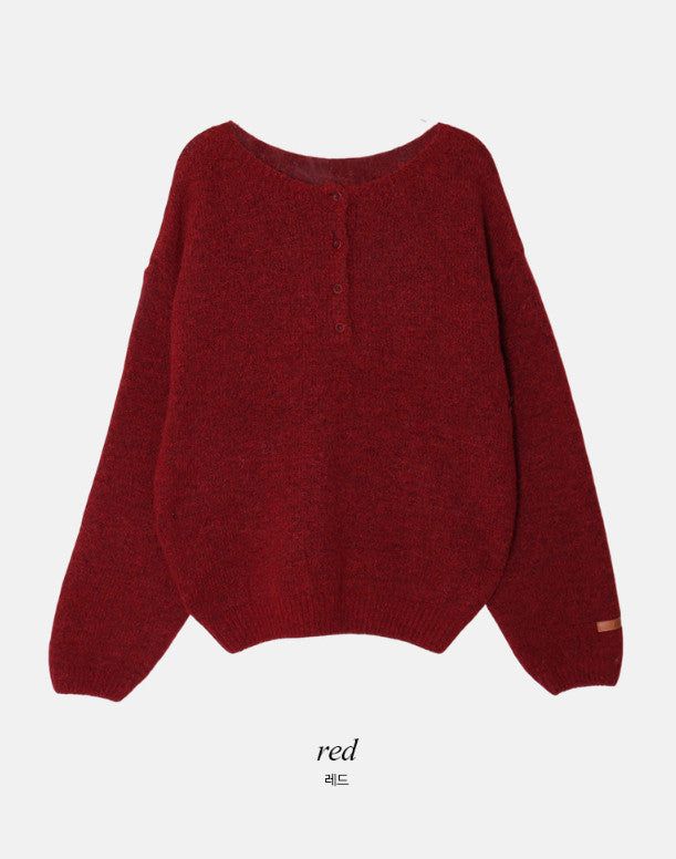 Amelie Leather Patch Henry Neck Knit (5color)
