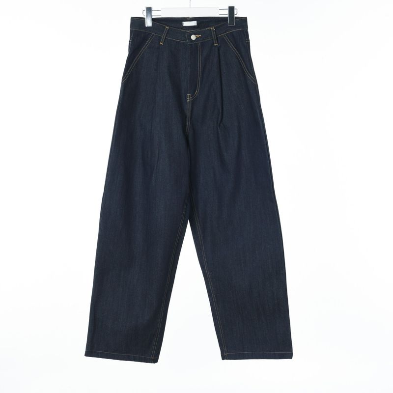 Long wide raw denim one-tuck pants