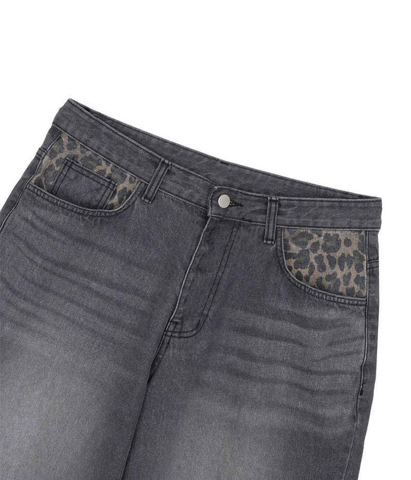 Leopard Cross Patch Roll-Up Denim Pants - Black