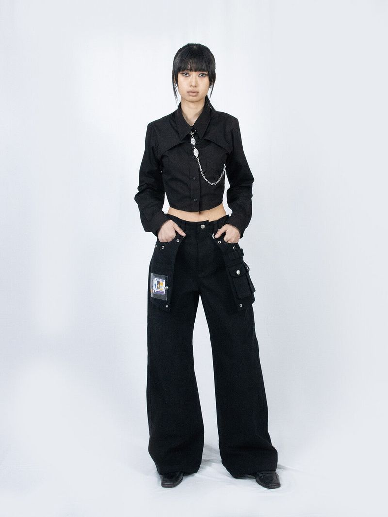 Crop Double Collar Shirts (Black)