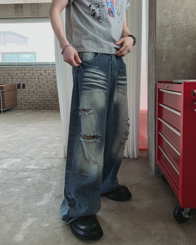 Binden Wash Damaged Wide Denim
