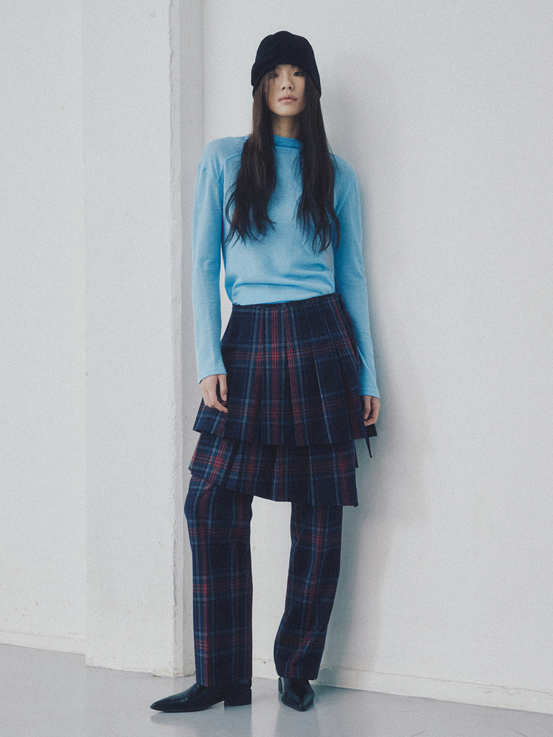 Pleated Wraparound Skirt Navy Check