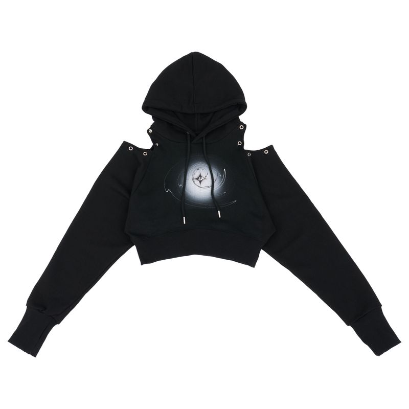 223 EYELET WARMER CROP HOODIE - BLACK