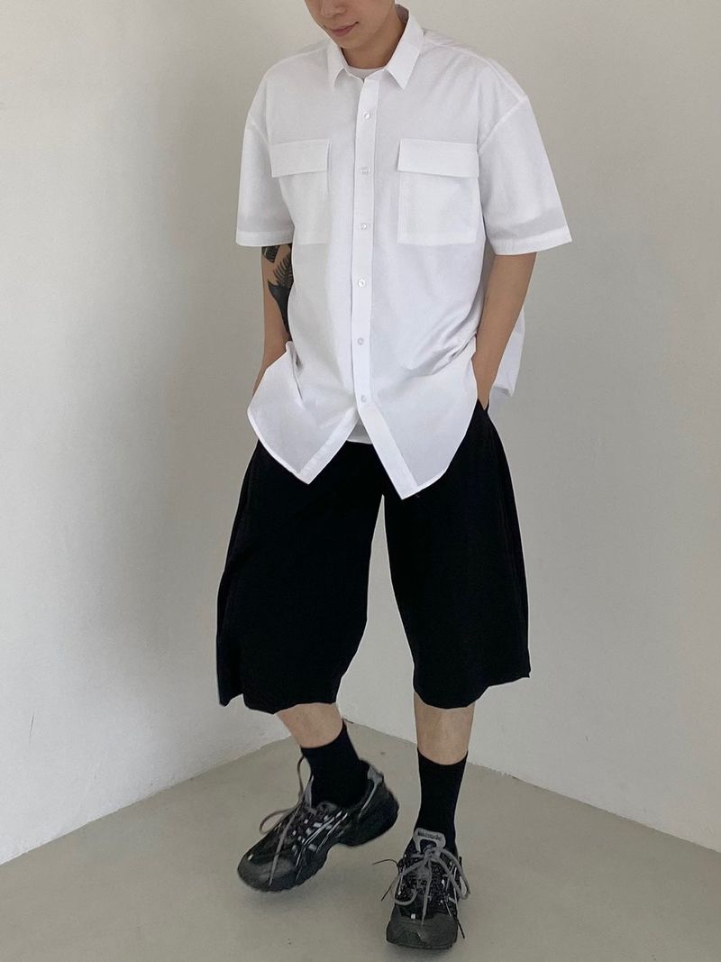 Two tuck wide banding half pants 2C