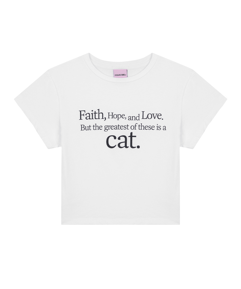 ITZAVIBE（イッザバイブ）の「CAT SAYING CROP T-SHIRT_WHITE（Tops）」