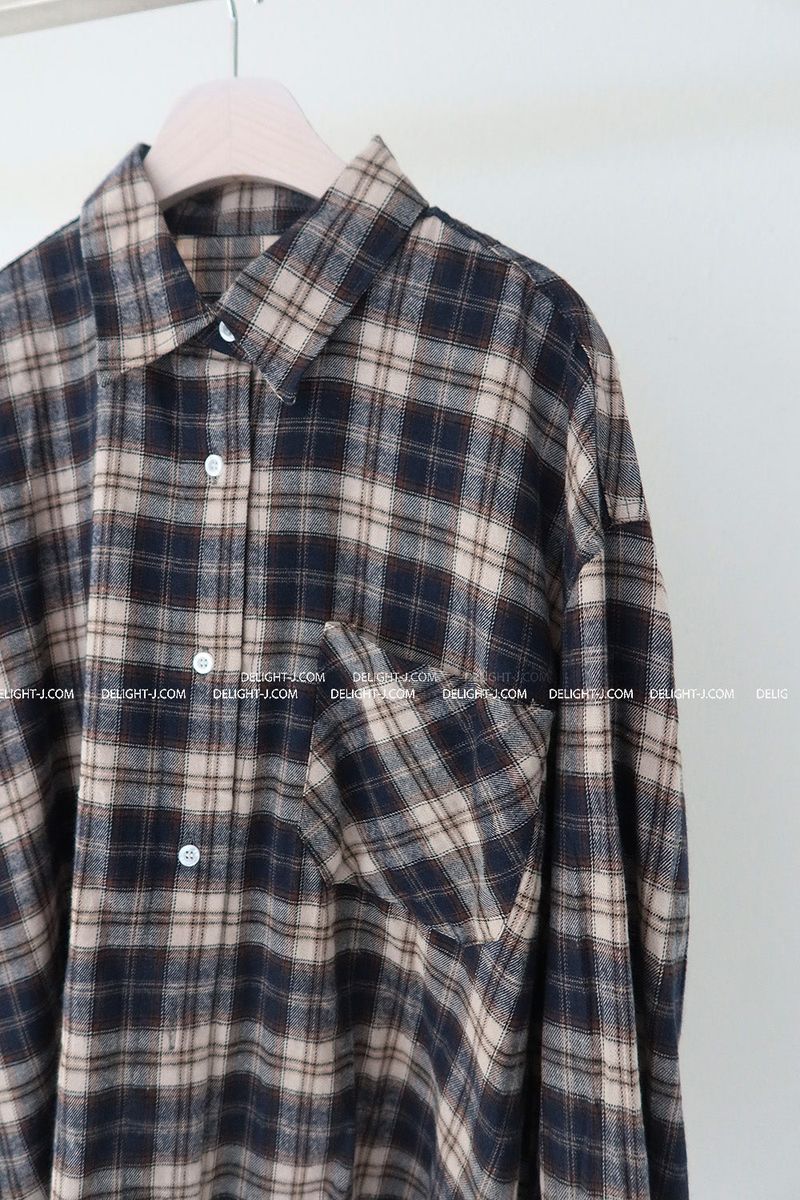 a navy checkered shirt