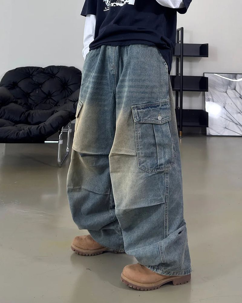 Bern diagonal cargo wide denim pants