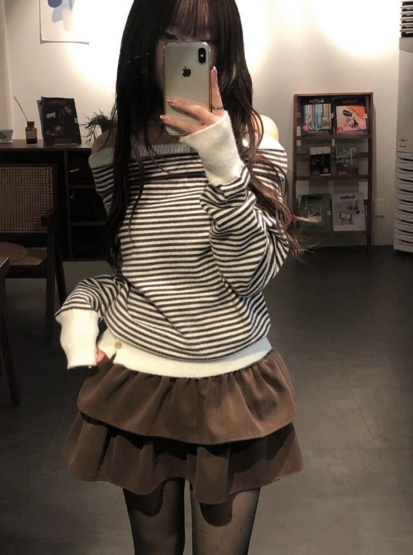 Boudin Stripe Loose Off-Shoulder Button Knit