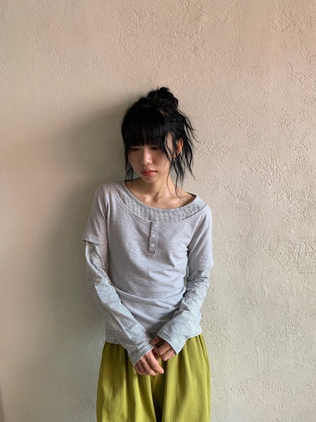 BAON（バオン）の「Nicks Layered Button Stripe Long Sleeve Tee（Tops）」