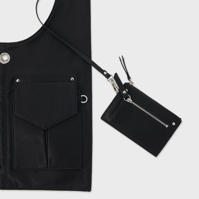 Leather 2 Pocket Flat Bag Set (Black)