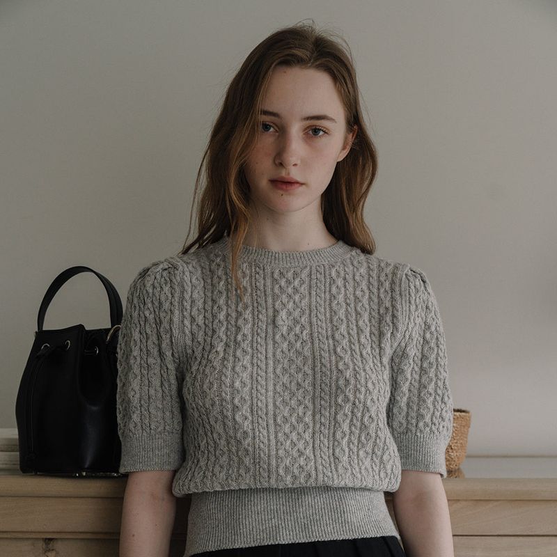 Cable Puff Sleeve Knit - Gray