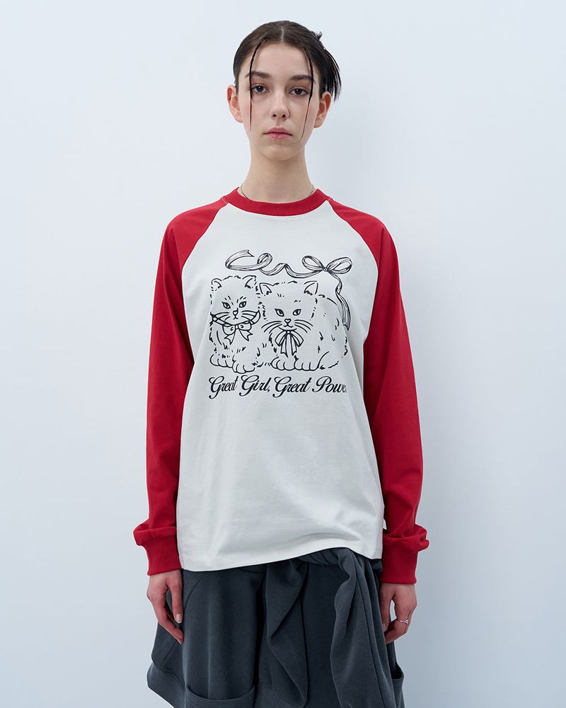 RIBBON CATS RAGLAN LONG SLEEVE-RED