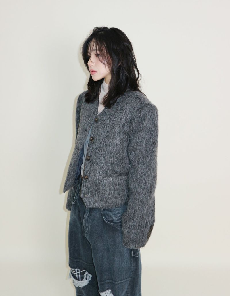 Linda Brush Mohair Crop Long Sleeve Jacket