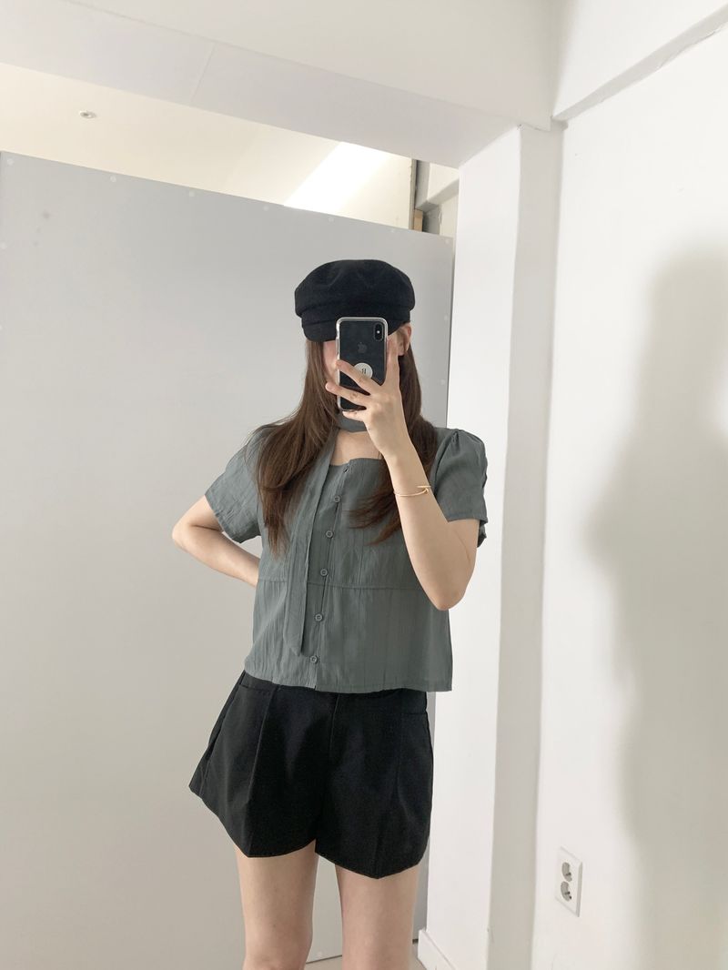 Blian Puff Short Sleeve Blouse Scarf Tie Set