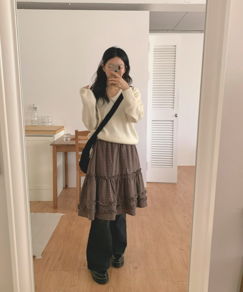 Luen midi checkered skirt Fall layered frill soft fit
