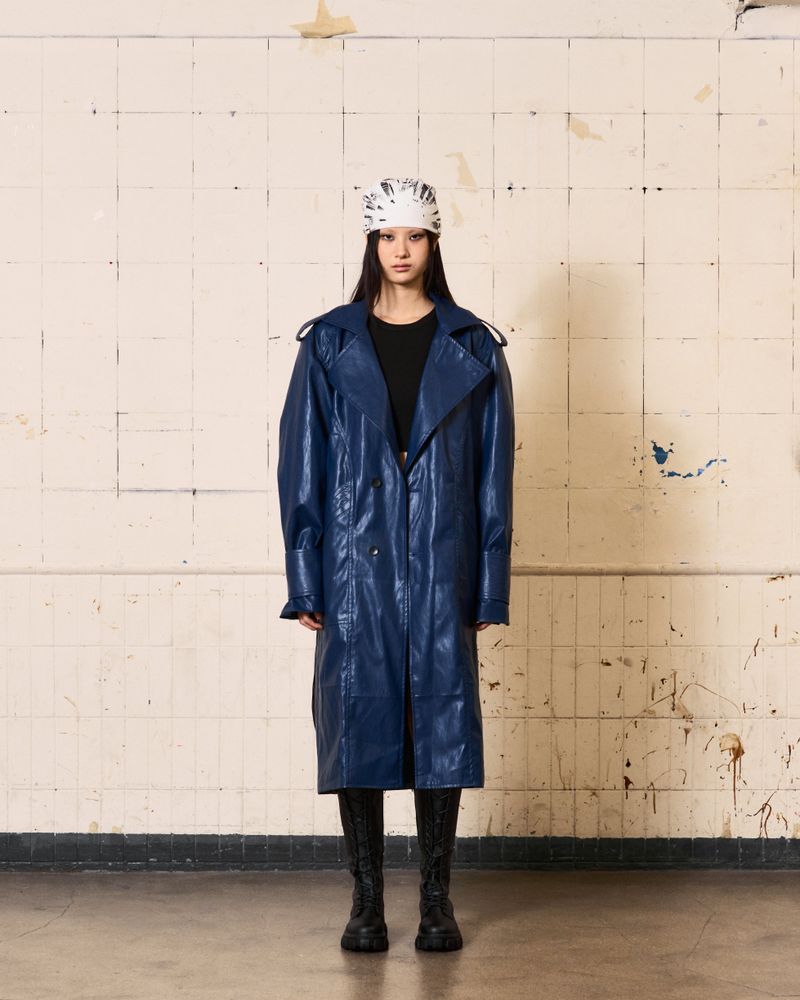 Curved Leather Trench coat (Blue)