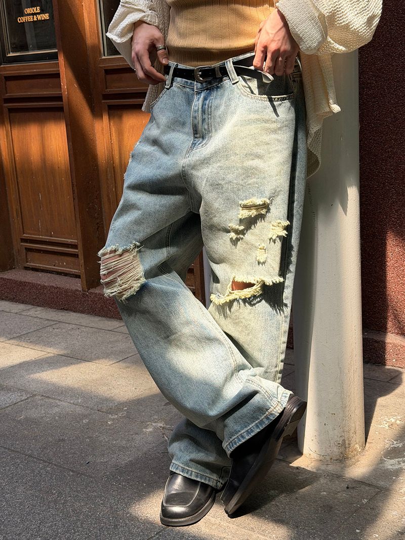 [Unisex] Light blue damage wide denim pants