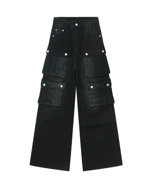 (UNISEX) Parachute Multi-Cargo Black Denim