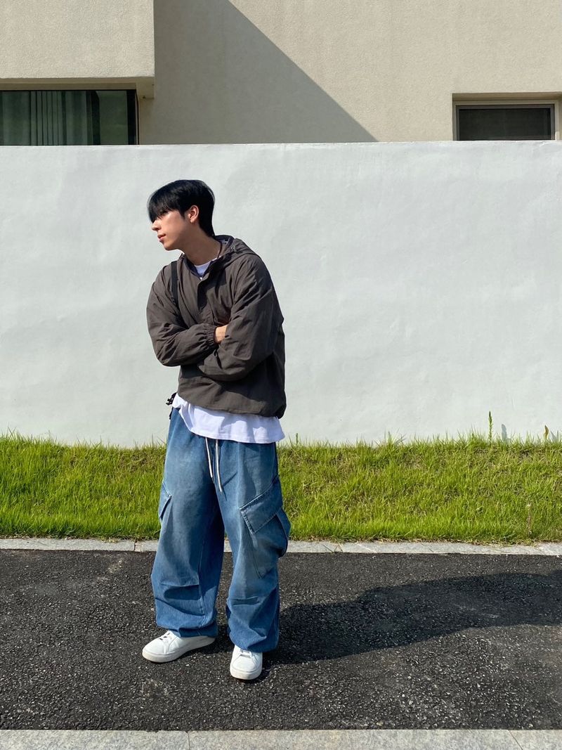 Washing diagonal balloon cargo denim pants 2C
