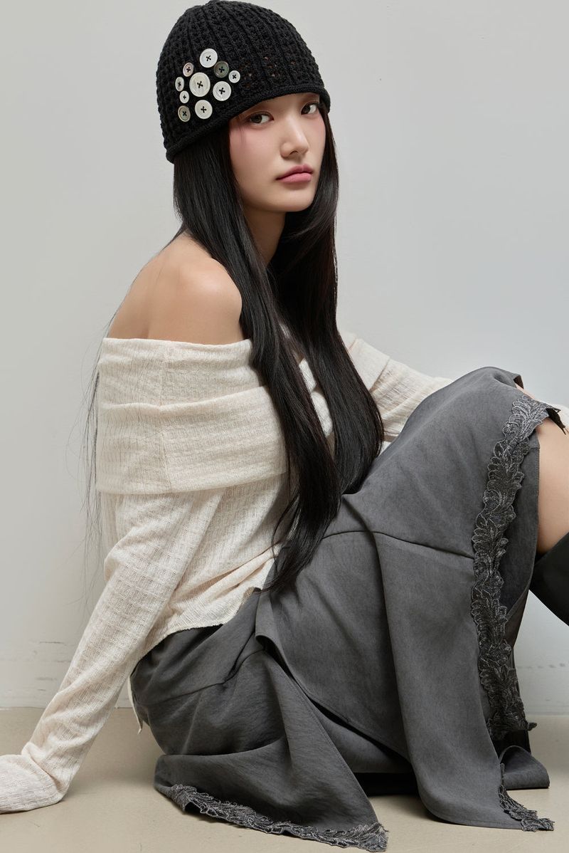 Button Knit Beanie_Ivory
