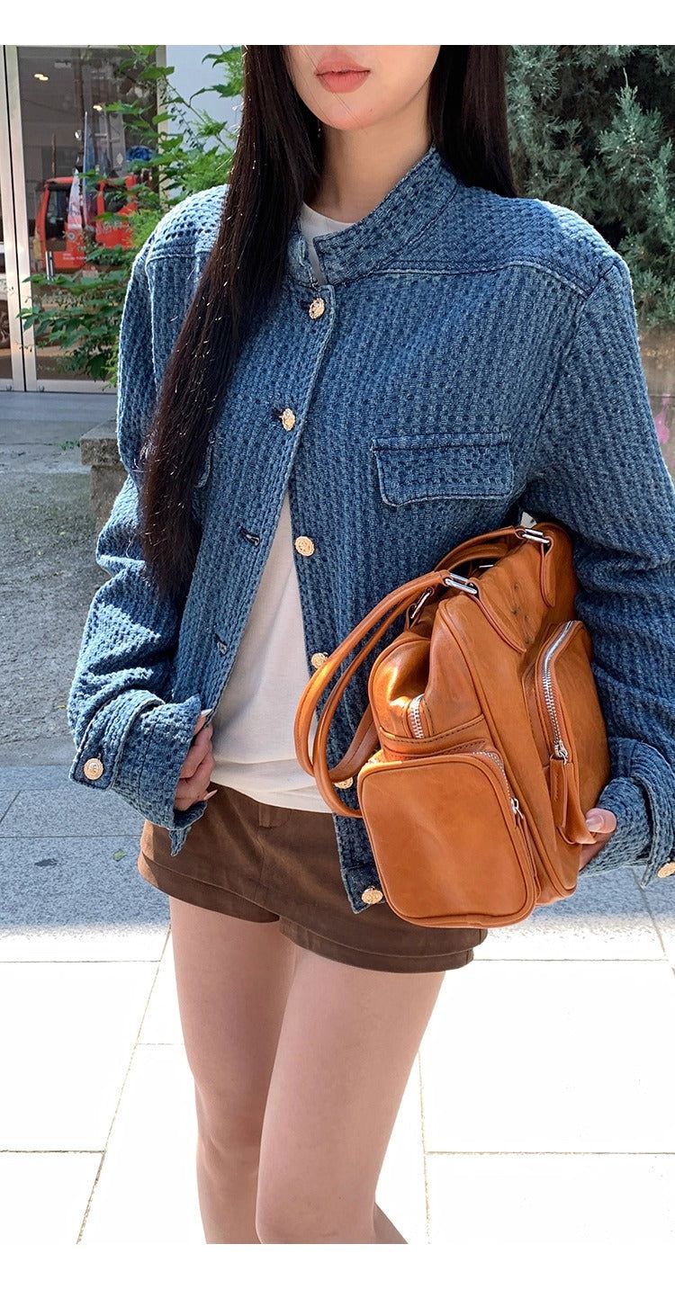 Blue casual gold button denim jacket