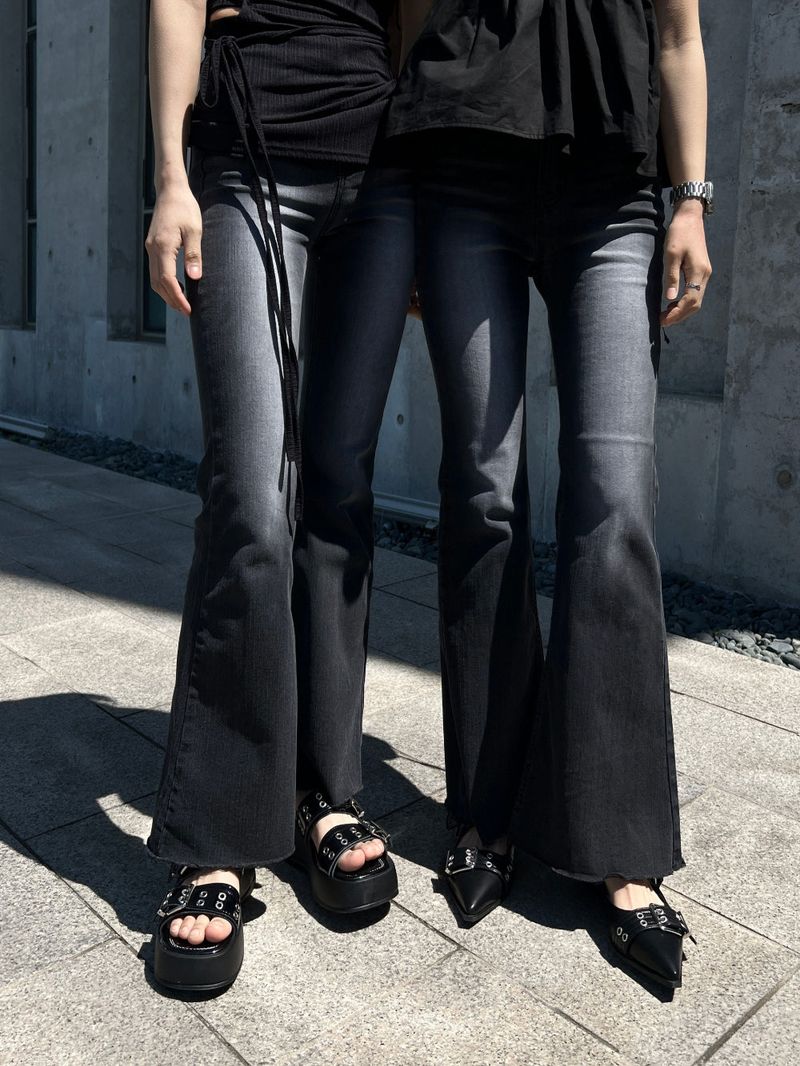 Gradient Washed High Waist Span Long Bootcut Denim Pants (Black)