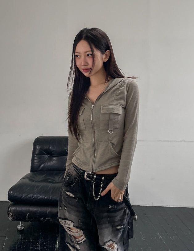 Caro Derring Strap Shirring Hooded Zip-Up