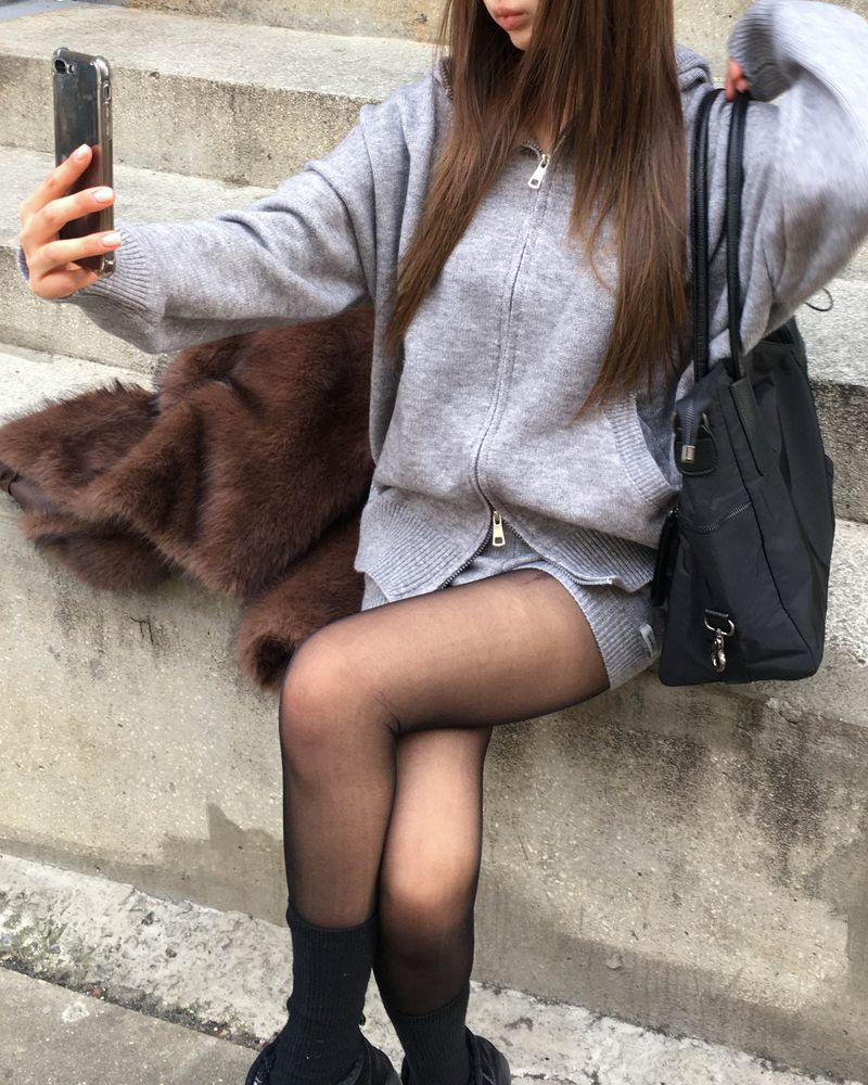 Grey knit hood jumper set