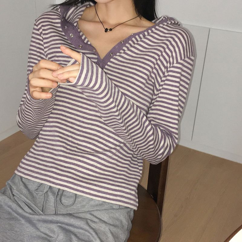 Pao Stripe Snap Button Coloring Long Sleeve Hooded T-Shirt