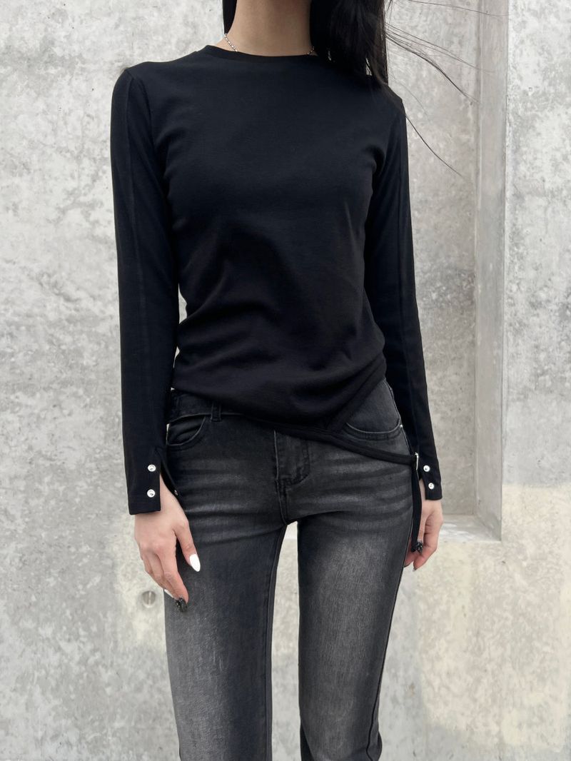 Eyelet buckle bottom hem strap long sleeve tee (3 colors)