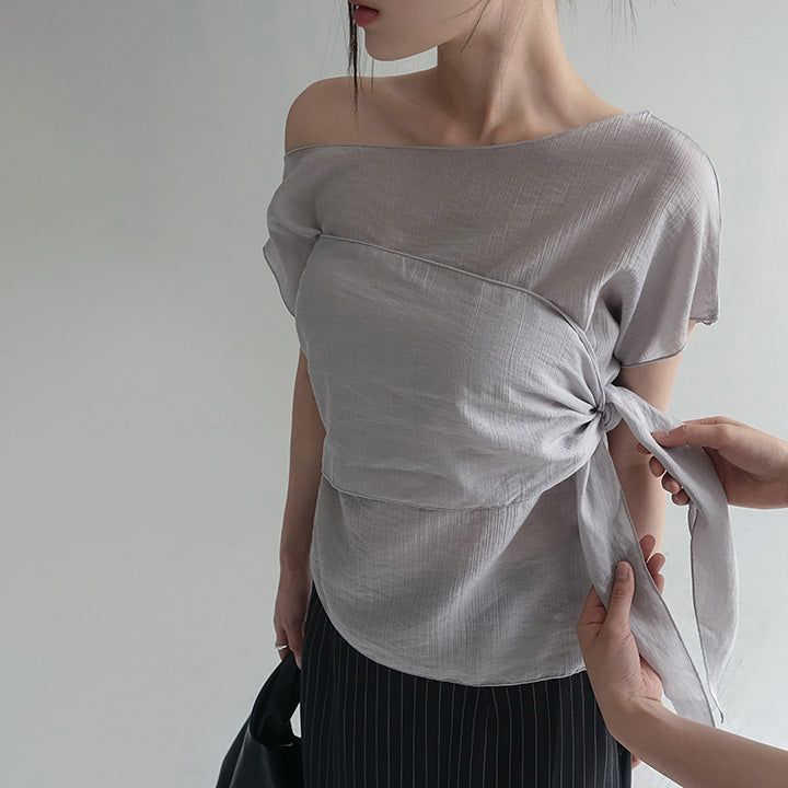 [Lenpia] Scarf Two-Way One-Shoulder Short-Sleeve Shirred Blouse-3color