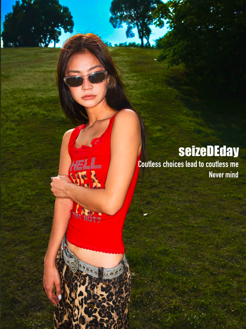"WHY NOT" Printed Red Lace - trimmed Camisole