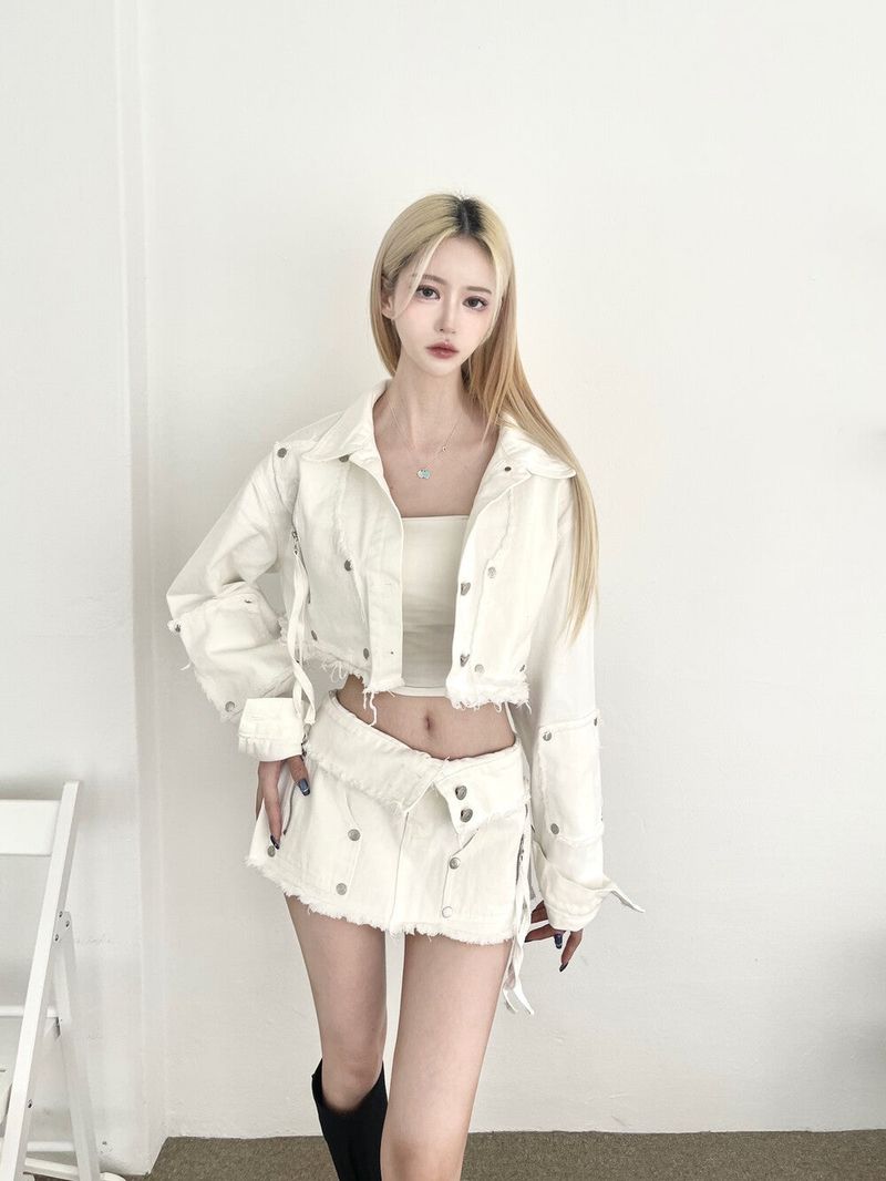1247. Chic zipper button denim crop jk (2color)