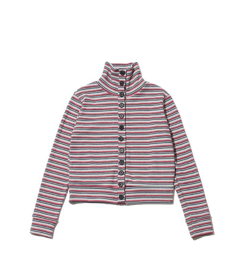 STRIPED HIGH NECK BUTTON CARDIGAN - GRAY