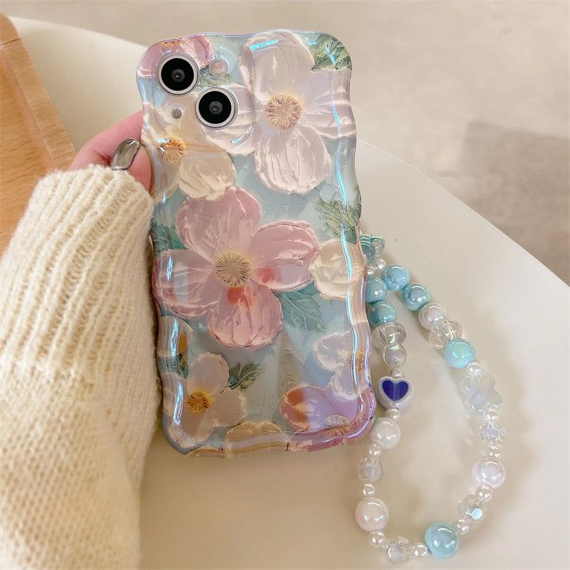 3D Flower Chain Wave Frame iPhone Case with Beaded Wrist Strap