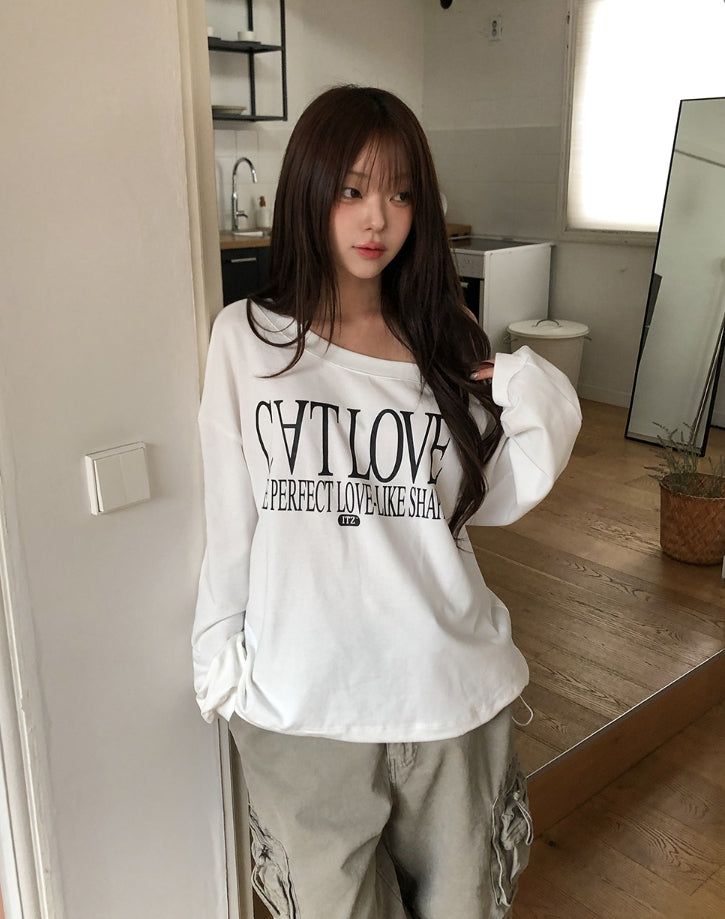 Kitten Lettering One-Shoulder String Sweatshirt