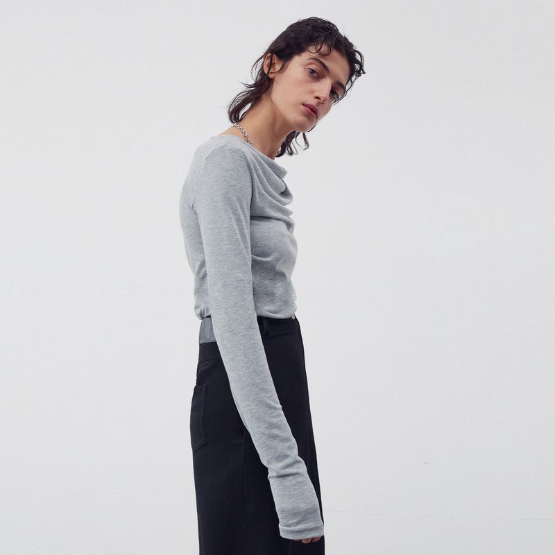 SHIRRING DRAPE LONG SLEEVE TOP MELANGE GRAY
