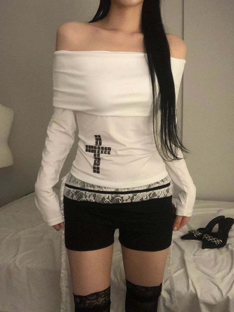 Crystal Stud Cross Off-Shoulder T