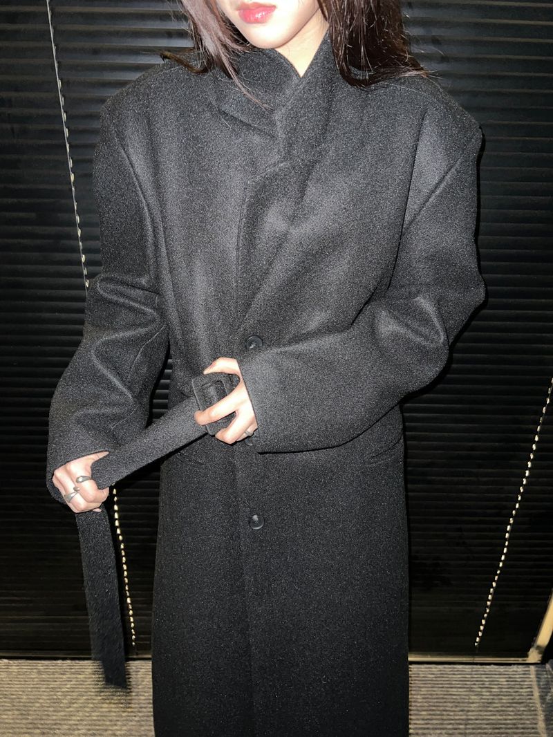[UNISEX] Wool back button maxi long coat (Black)